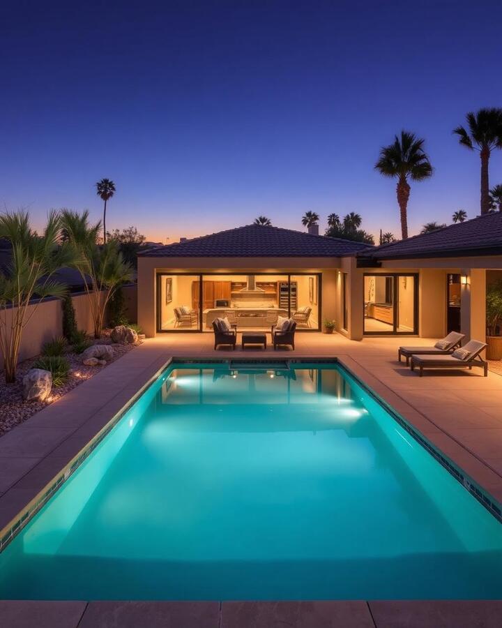 Recent Green Valley landscape project — luxury backyard at dusk