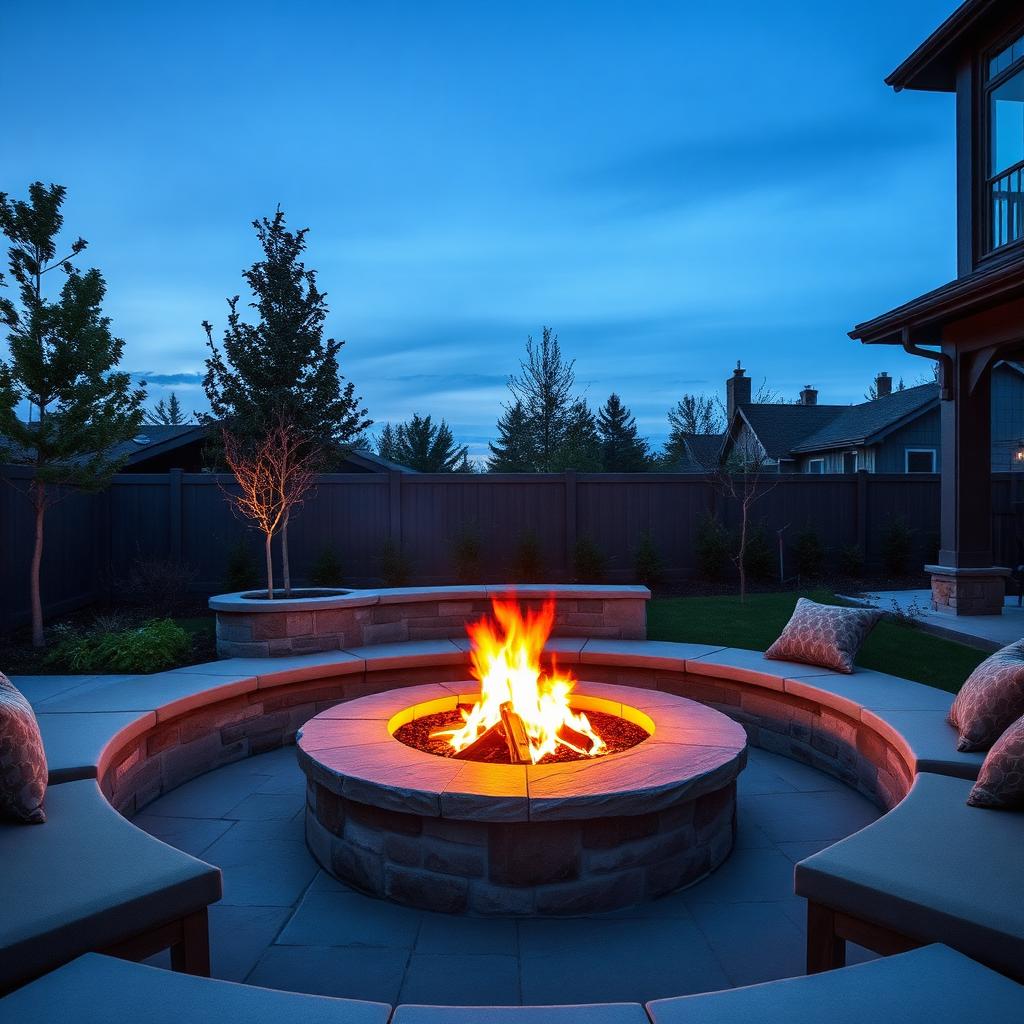 Stone fire pit with surrounding seating at dusk