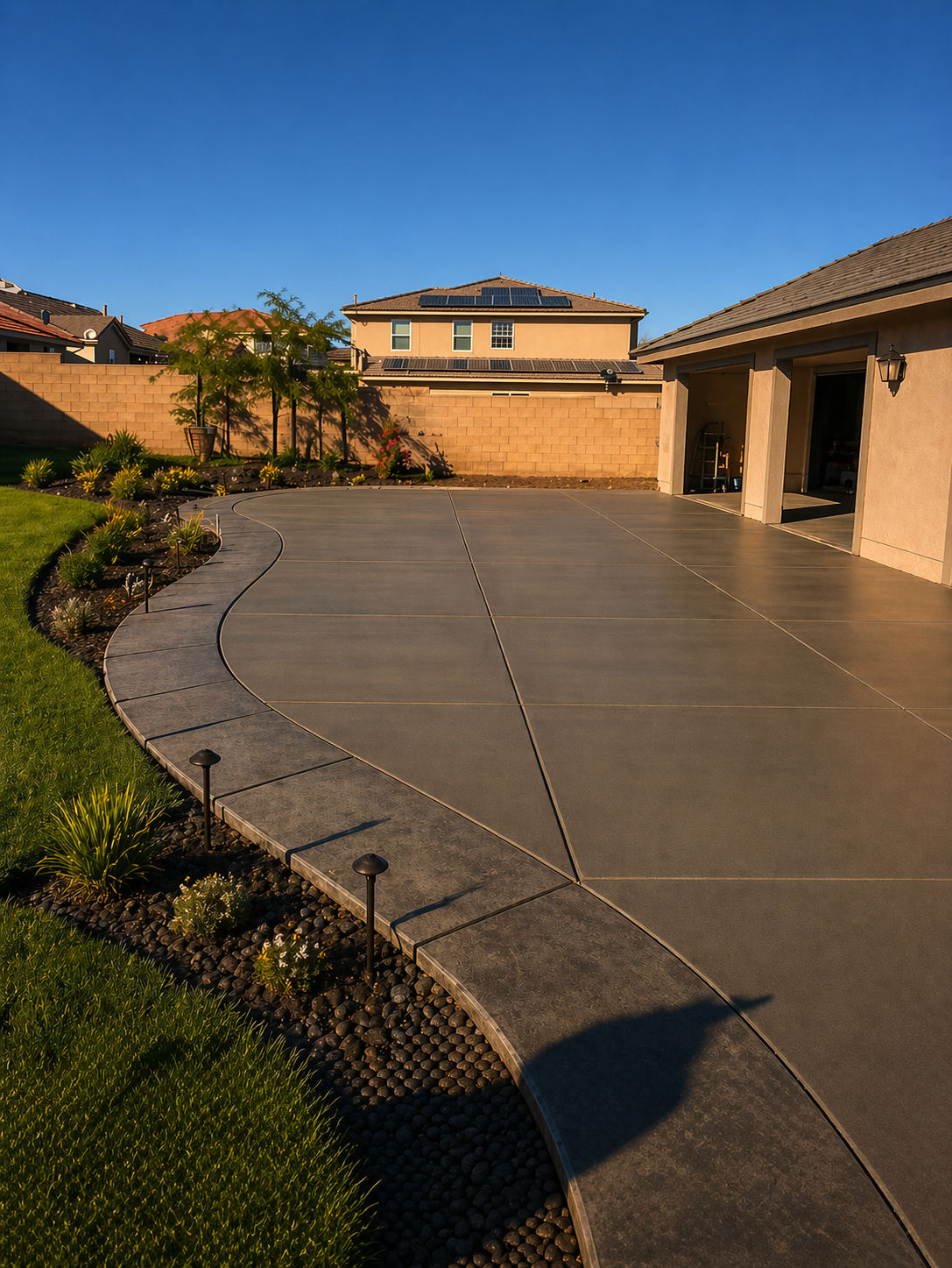 Custom stamped concrete driveway with curved planter edge