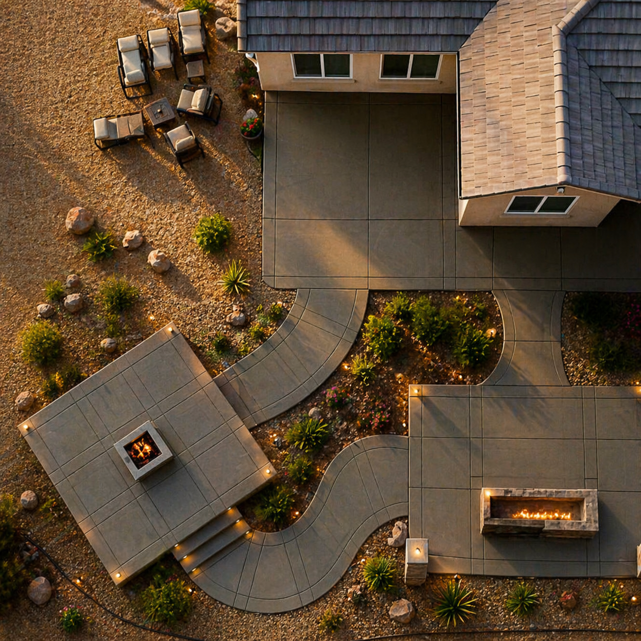 Aerial view of paver patios with fire pit, linear fireplace, and curved walkway