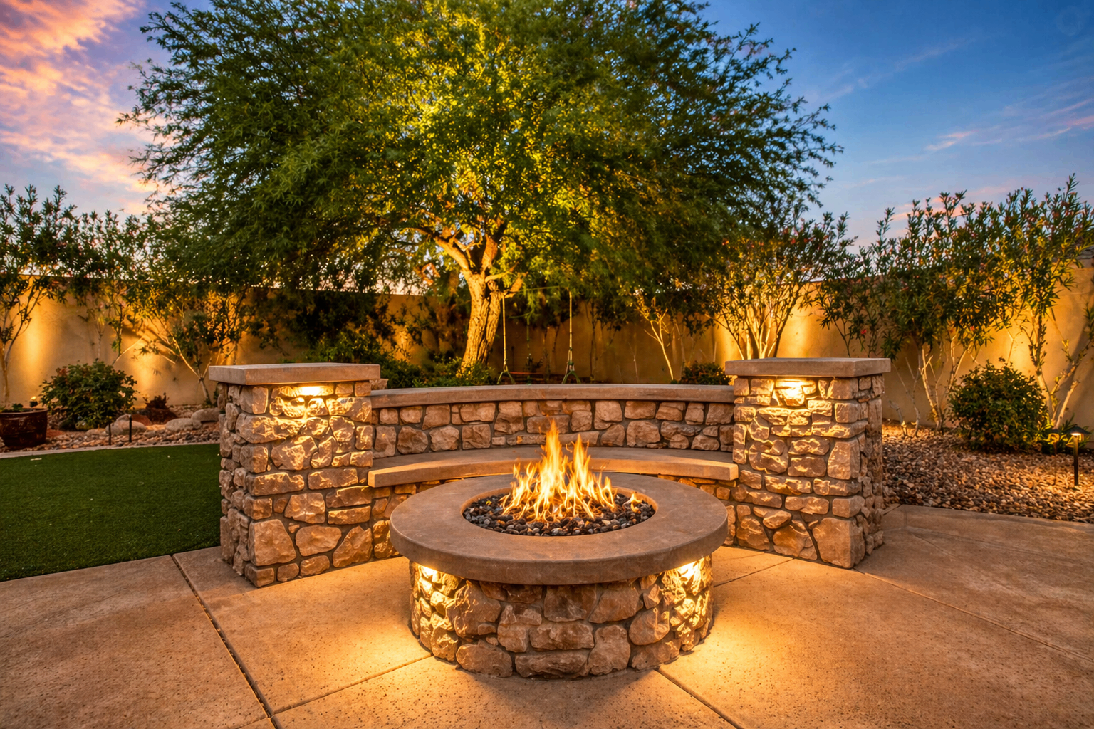 Round stone fire pit with curved stacked-stone bench and uplit columns at dusk