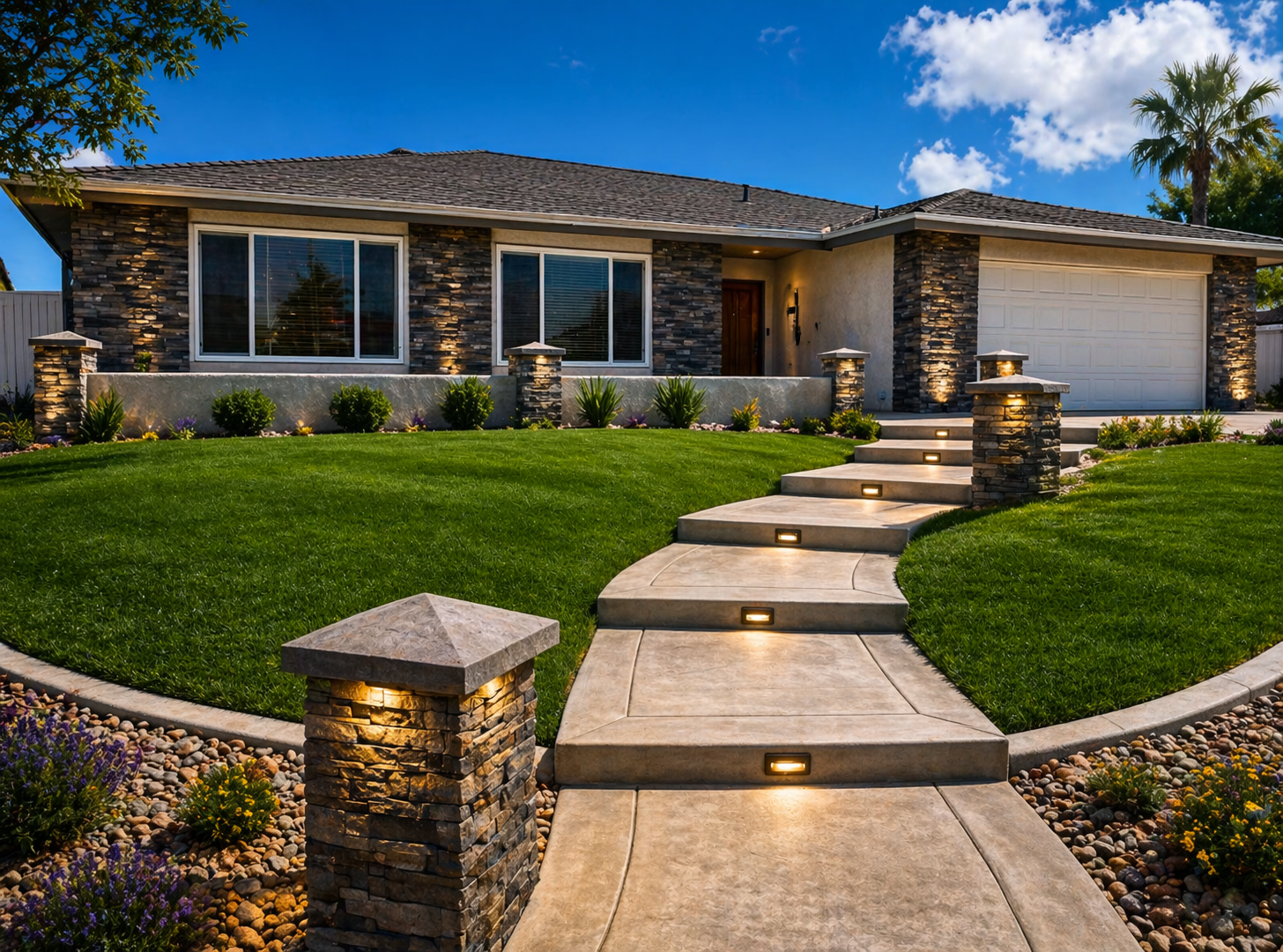 Front yard with stamped concrete walkway, lit stone columns, and manicured lawn