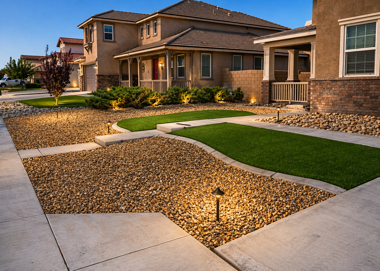 Front yard xeriscape with turf panels, river rock, and path lighting at dusk