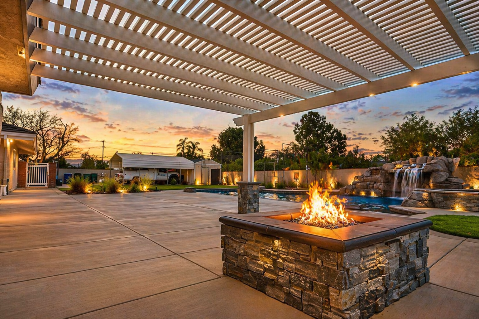 Stacked-stone fire pit under a pergola with pool, waterfall, and sunset view