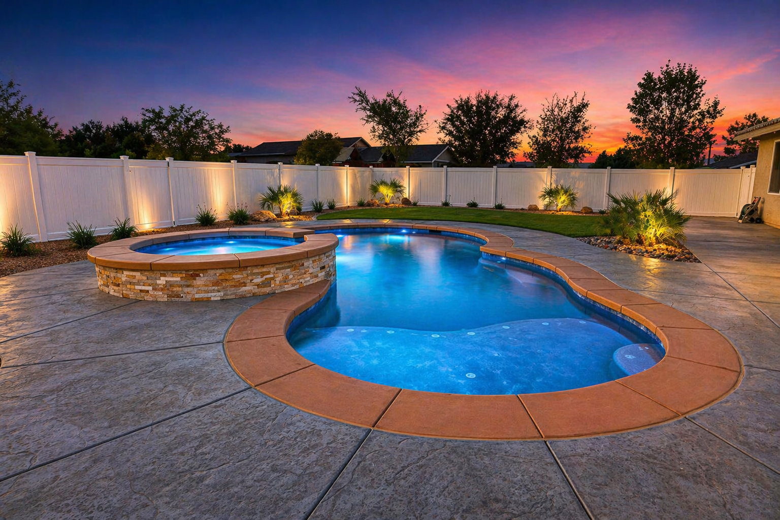 Freeform pool and raised stone spa on stamped concrete patio at sunset