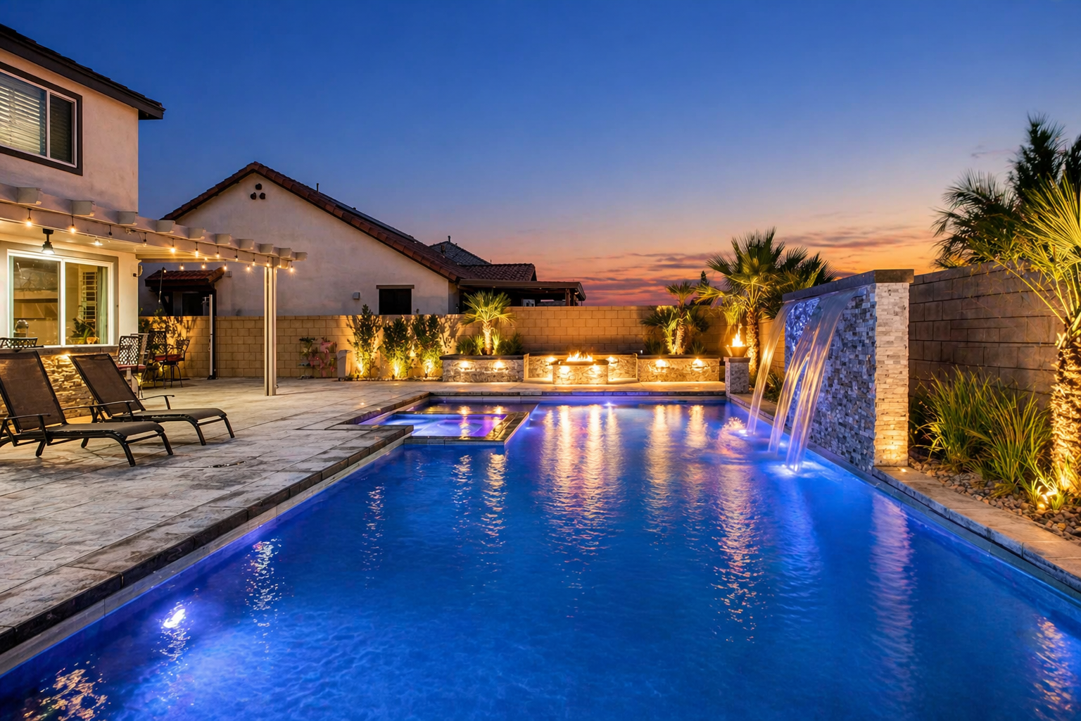 Backyard pool with waterfall feature, fire pit, and sunset views