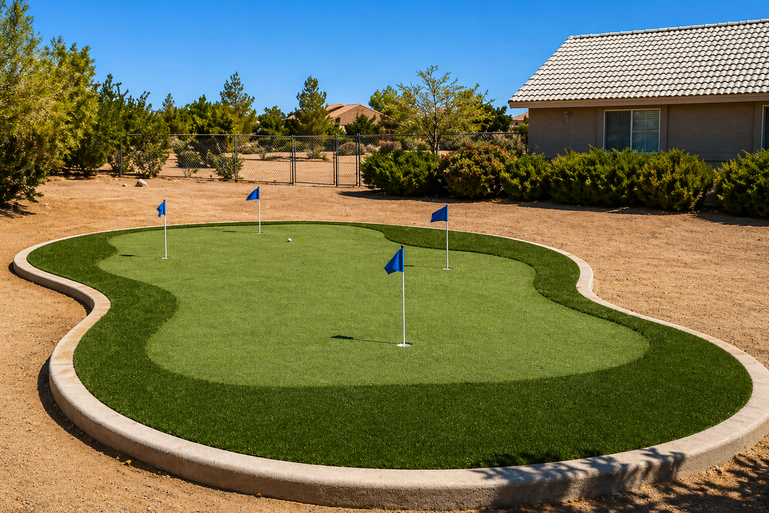 Custom backyard putting green with curved concrete border