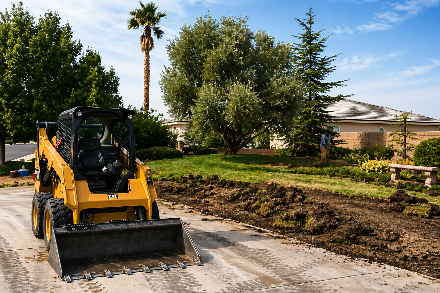 Skid steer prepping a front yard for new sod and landscape install
