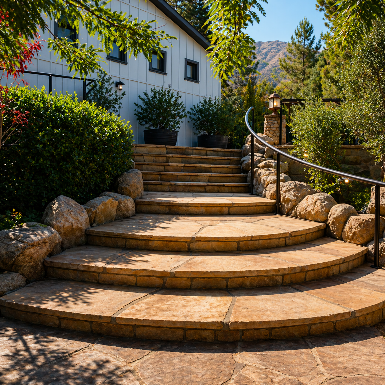 Curved flagstone steps with stacked stone risers and boulder accents