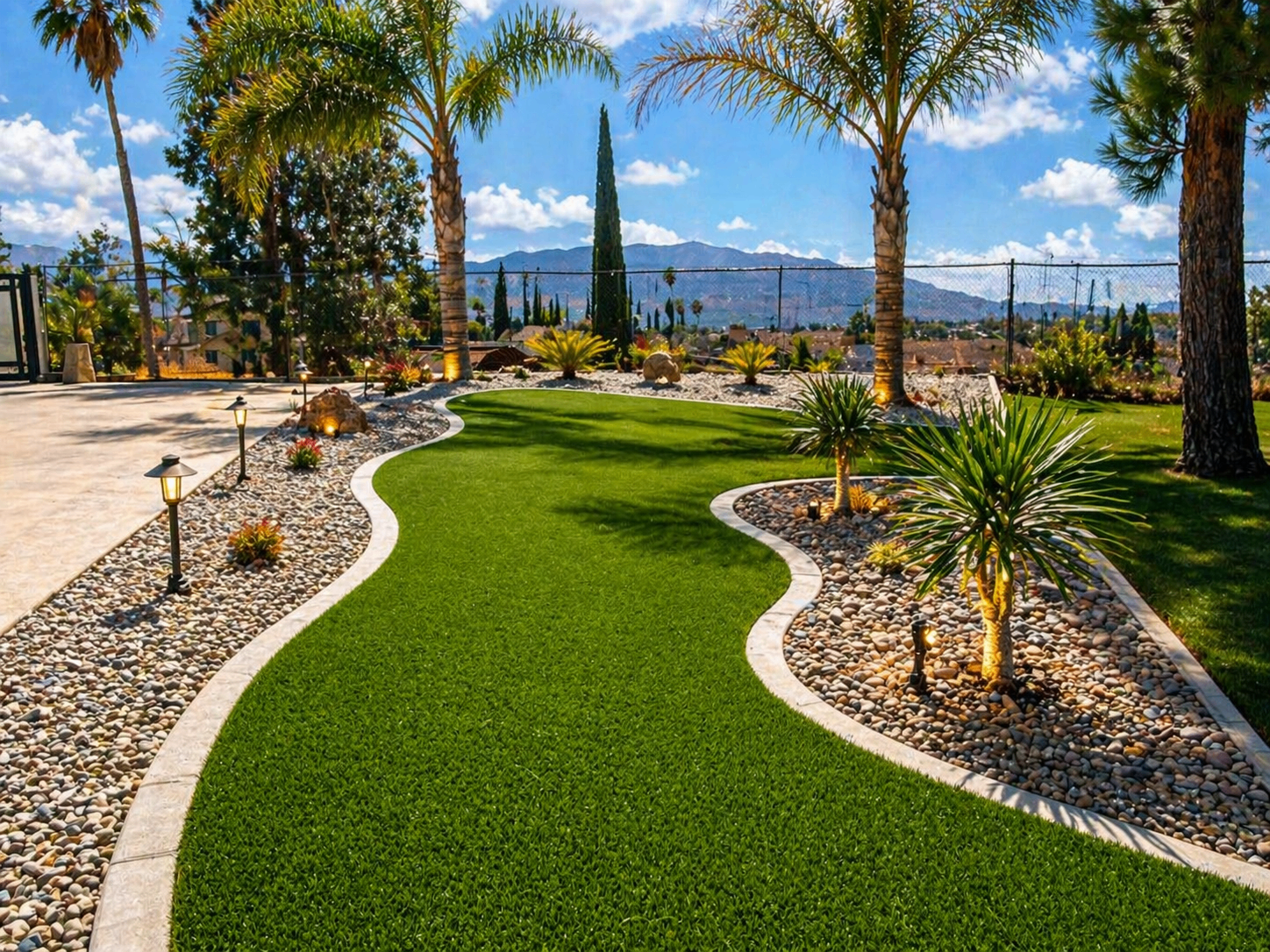 Curved artificial turf lawn bordered by river rock, palm trees, and mountain views