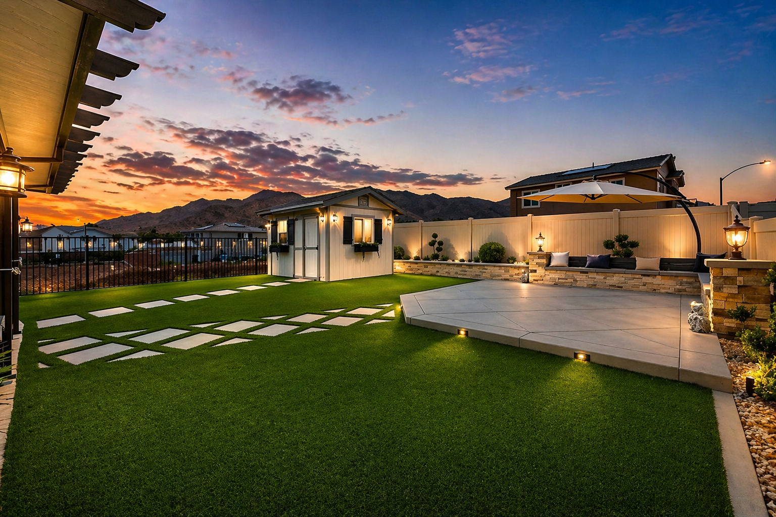 Backyard turf lawn with paver step path, stone-clad seating wall, and shed at sunset