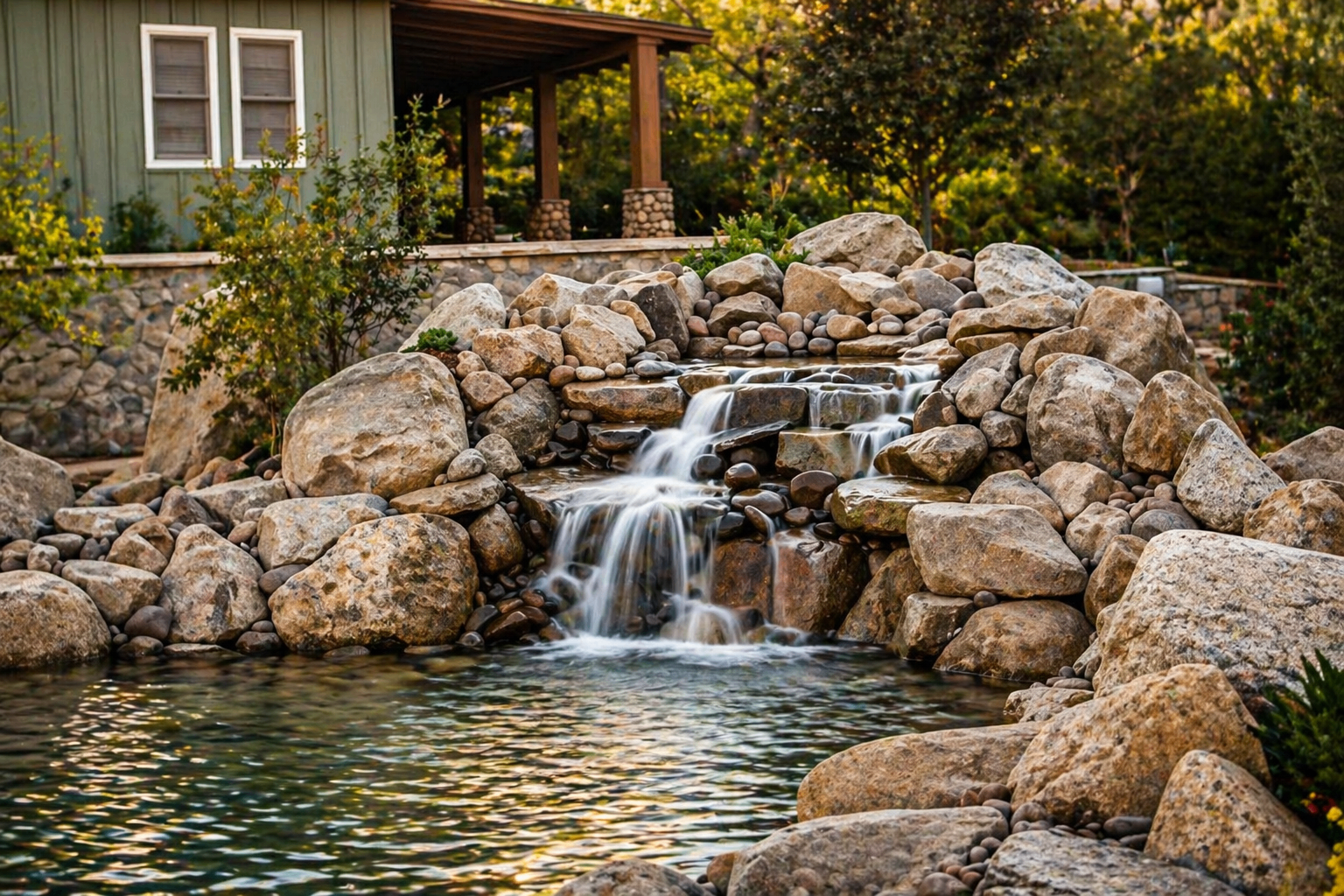 Natural rock waterfall flowing into a backyard pond