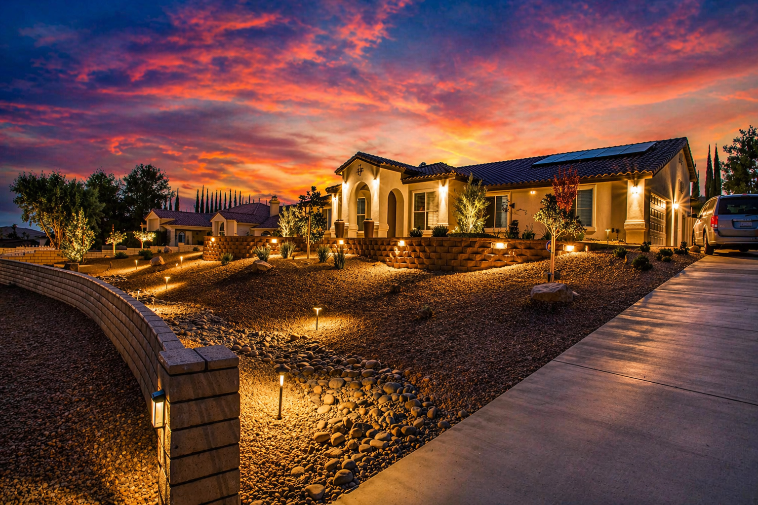 Front yard xeriscape with stacked-stone retaining walls, dry creek bed, and uplit trees at sunset